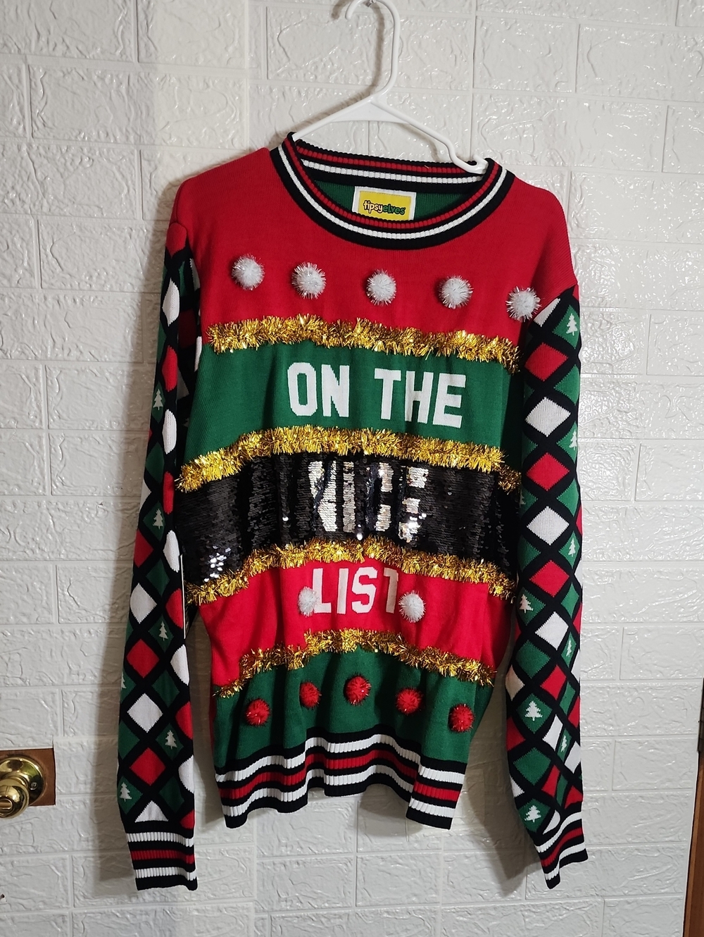 Tipsy Elves Red Green Black "On The Nice List" Sequin Crewneck Sweater